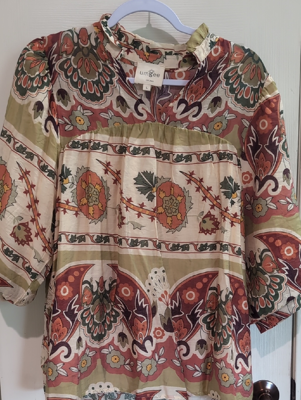 Umgee Floral Paisley Boho Blouse in Olive & Rust